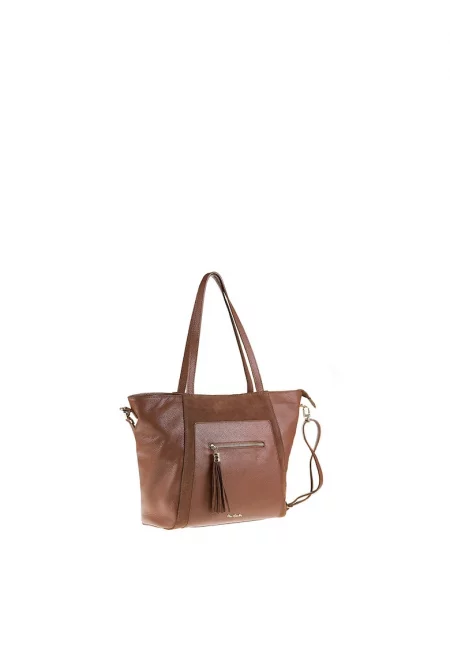 Кожена чанта за рамо с пискюли - Кафяв