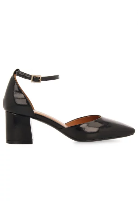 Лачени обувки от еко кожа с масивен ток - Черен