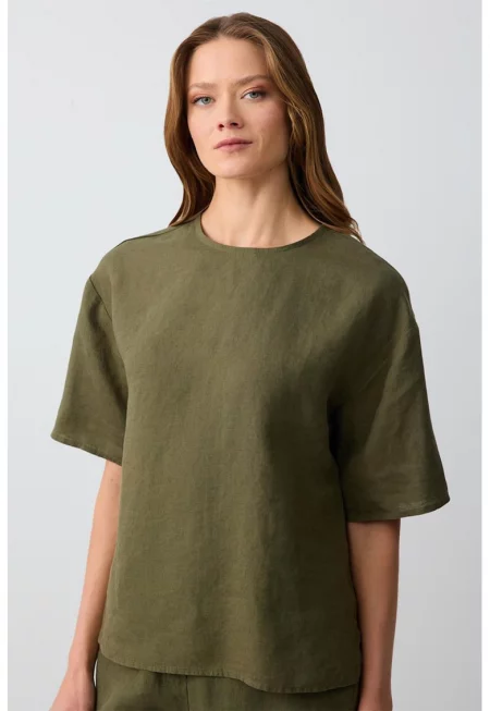 Ленена тениска със свободни ръкави - Тъмно каки