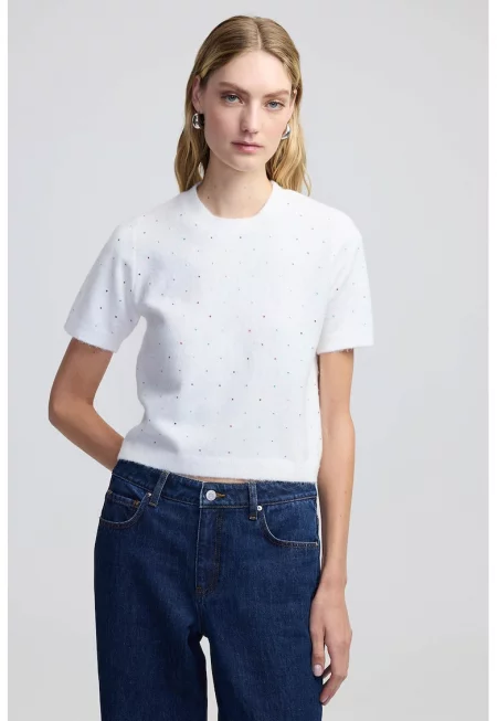 Мъхеста блуза с овално деколте - Бял/Сребрист