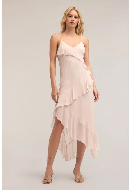 Миди рокля с тънки презрамки - Бледо розово