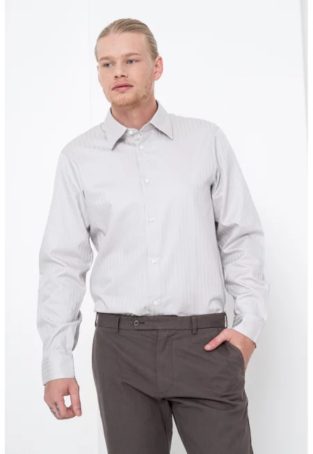 Памучна риза с райе и класическа яка - Сиво-бежов