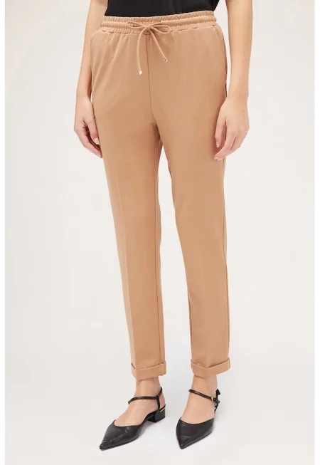 Панталон с висока талия и връзка - Тъмнобежово