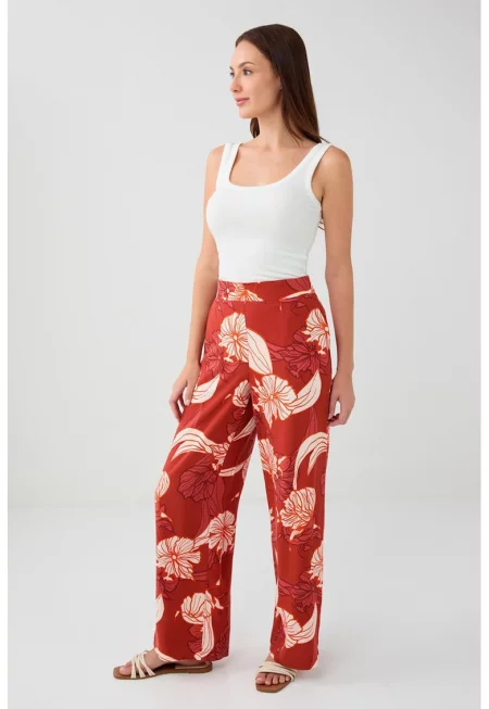 Прав панталон с висока талия - Тъмночервен/Мандарина/Мръснобял