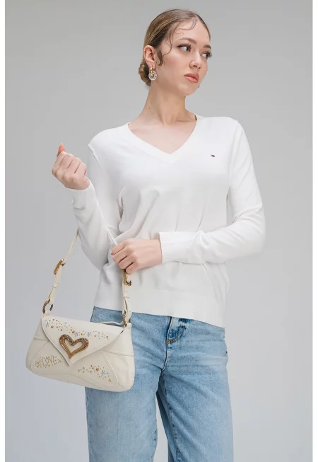 Пуловер с органичен памук с шпиц - Мръснобял