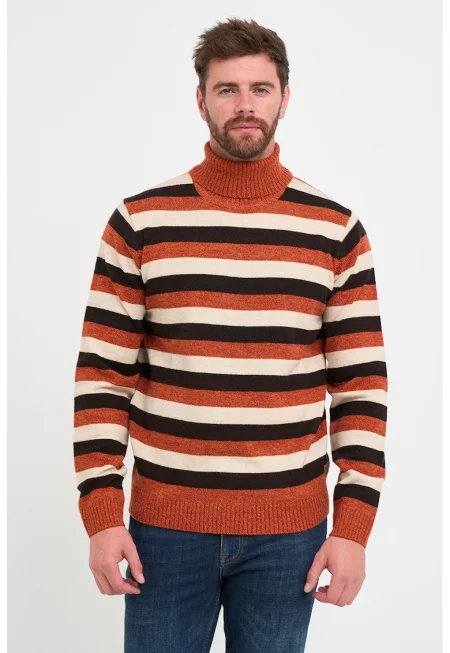 Пуловер с вълна с поло и райе - Тъмнокафяв/Изгорен портокал/Крем
