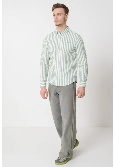 Раирана слим риза с лен - Бял/Светлозелен