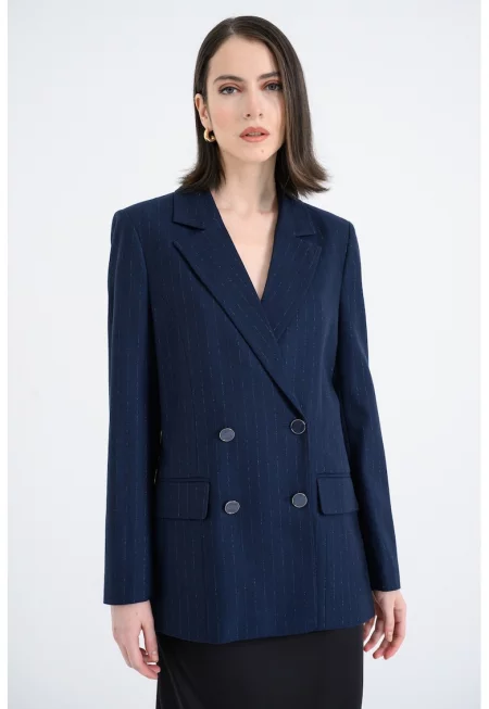 Раирано двуредно сако - Петролно синьо