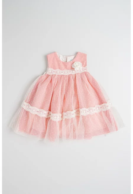 Разкроена рокля с кроше - Бял/Яркорозово