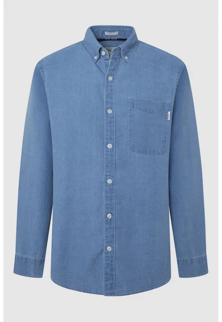 Риза от деним с копчета и пришит джоб - Светлосин