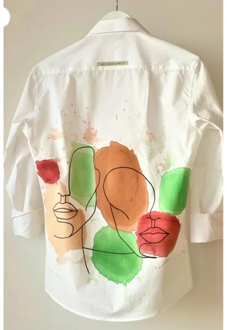 Риза от памук с шарка на гърба - Бял/Зелен/Кафяв