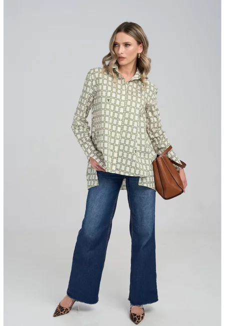 Риза с лен - Папратово зелено/Крем