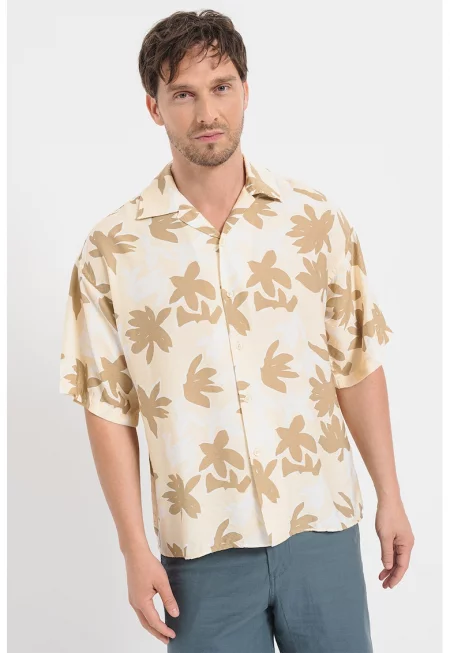 Риза със свободна кройка и ревери - Бял/Бледожълт/Каки