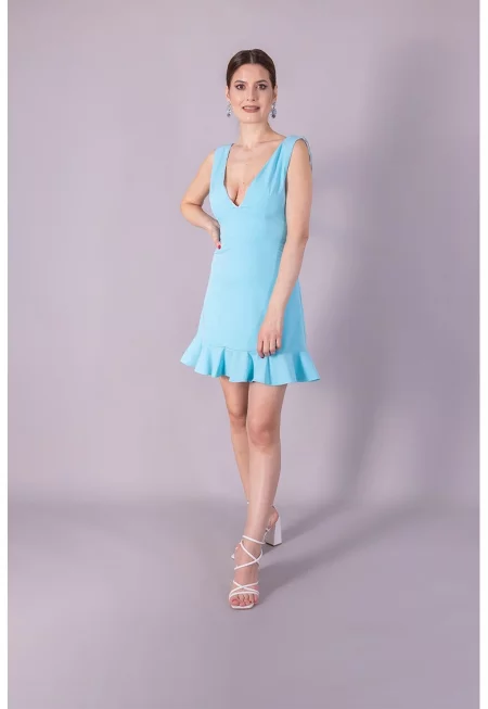 Рокля с шпиц и разкроен подгъв - Светлосин