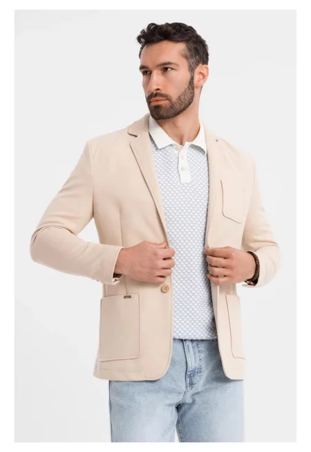 Сако SLIM от плетена материя с фина текстура  OM-BLZB-0101 - Бежов - Бежов