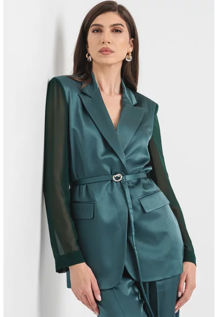Сатинирано сако с полупрозрачни ръкави - Тъмнозелен