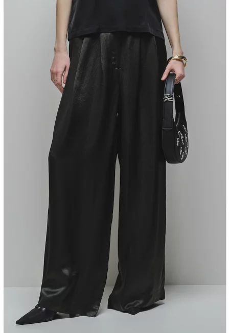 Широк сатенен панталон - Тъмнозелен