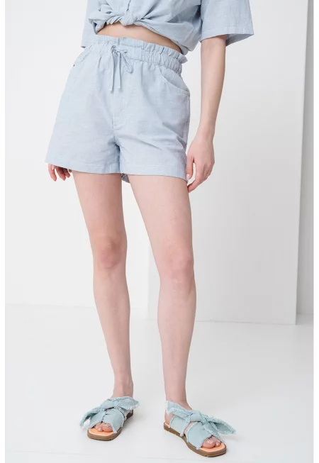 Шорти от памук и лен - Бял/Пастелносин