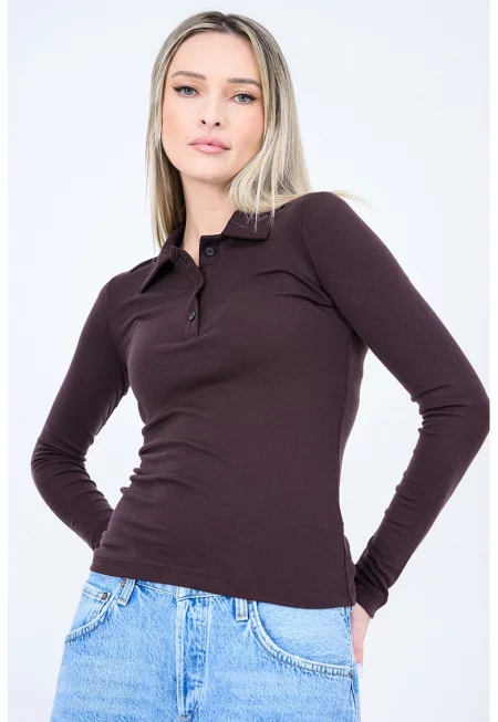 Слим блуза Amos с яка - Тъмнокафяв