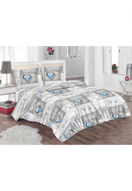 Спален комплект (чаршаф + плик за завивка + 2 калъфки за възглавница) за легло с размери 160x200 см - 132TC - 100% памук - Принт сърца - Сив/Син