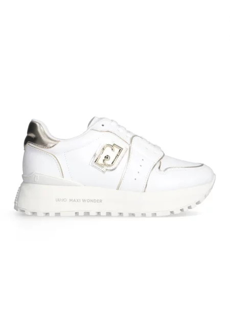 Спортни обувки от еко кожа и кожа с равна платформа - Бял/Златист