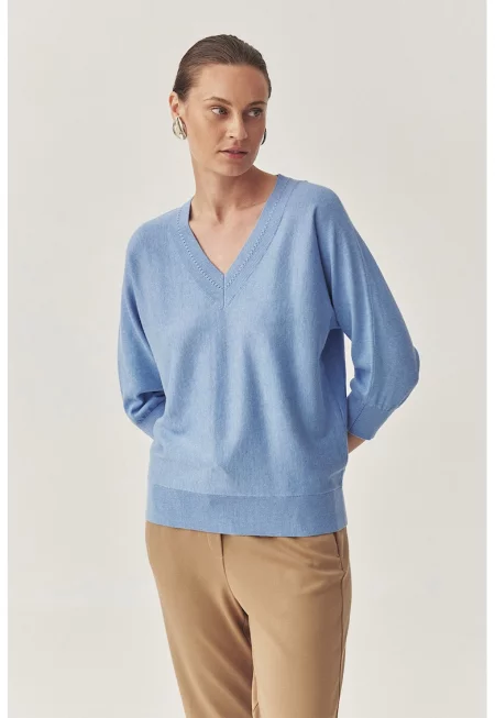 Свободен шпиц пуловер със среднодълги ръкави - Лавандула