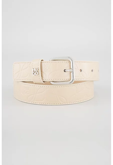 Тънък кожен колан с релефно лого - Бежов