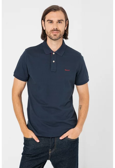 Тениска с памук с яка - Червен/Тъмносин