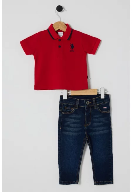 Тениска с яка и дънки - 2 части - Червен/Тъмносин