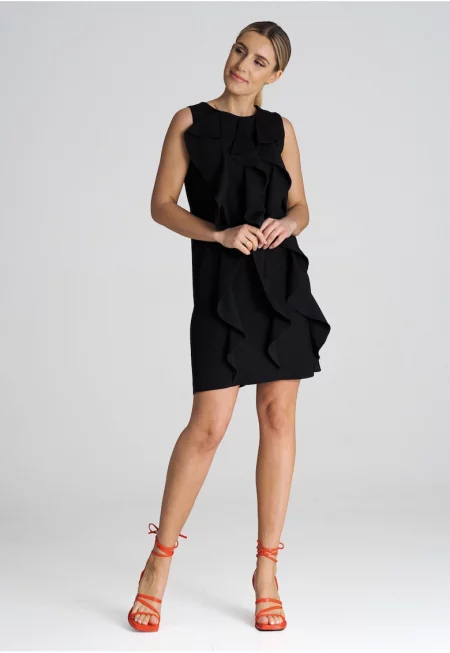Трапецовидна рокля  M1002 - с нежни волани - полиестер/вискоза - черна