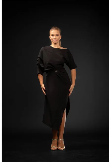 Асиметрична рокля с кожен колан - Черен