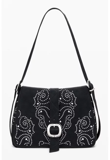 Чанта през рамо от еко кожа с метални детайли - Черен