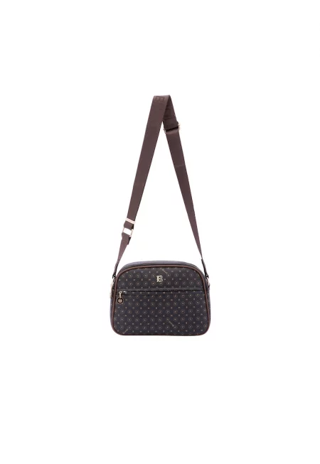Чанта през рамо от еко кожа с шарка и лого на презрамката - Черен/Кафяв