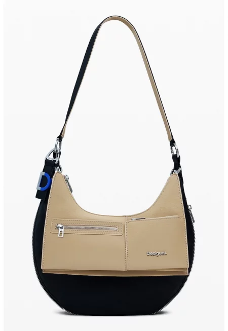 Чанта за рамо от еко кожа с контрасти - Черен/Бежов