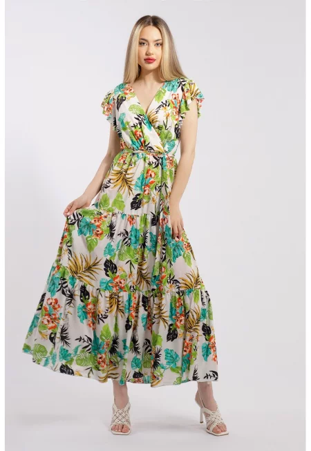 Дълга рокля с шпиц - Бял/Зелен