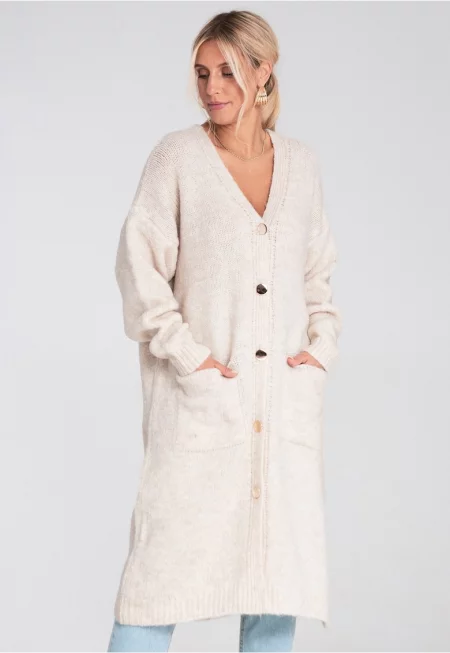Дълга жилетка  бежова - плетена - с копчета - извънгабаритен крой - джобове