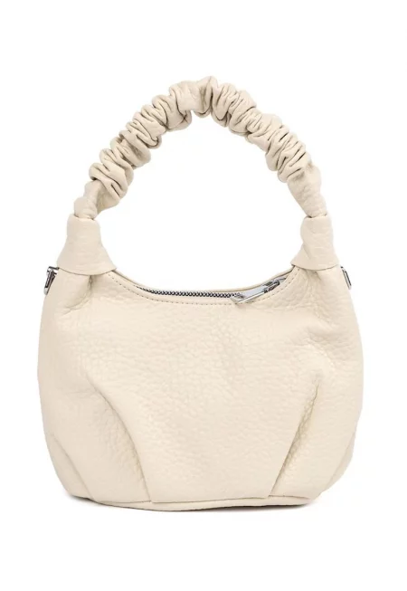 Дамска чанта  малка - бежова - от полиестер - с нагънати дръжки