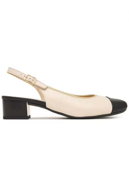 дамски обувки slingback от естествена кожа с блоков ток - с катарама - заоблен връх - бежово/черно - Бежов