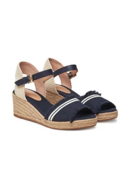 Дамски сандали -  текстил - тъмносин/бежов