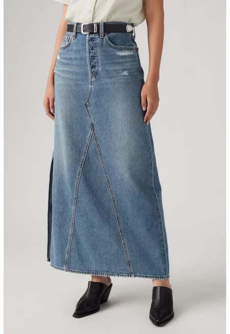 Дънкова пола с цепка - Син меланж