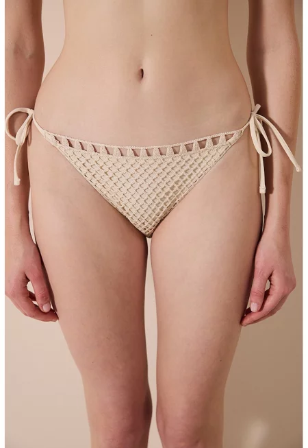 Долен бански с връзки и перфорации - Светло бежово