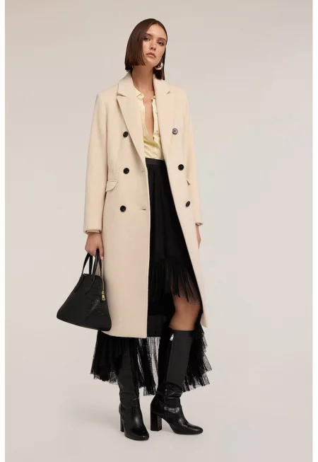 Двуредно палто с вълна - Бежов