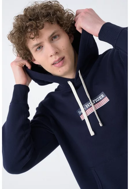 Худи с лого и джоб кенгуру - Тъмносин