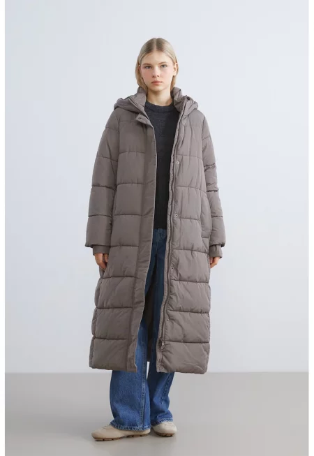 Капитонирано зимно яке с качулка - Сиво-бежов