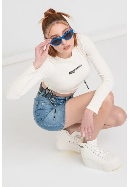 Къса блуза с лого - Избеляло черно/Мръснобял