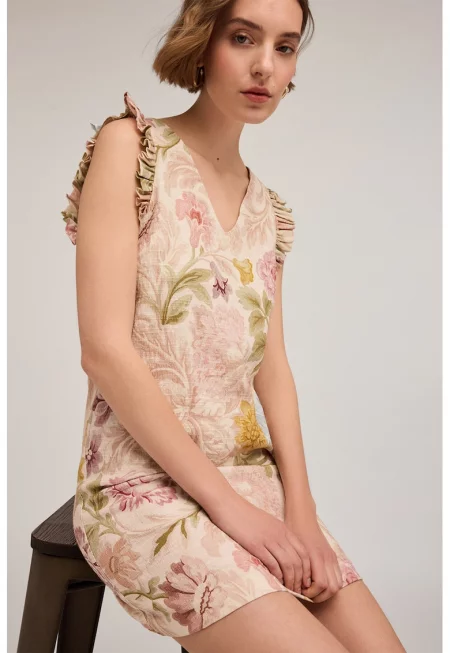 Къса флорална рокля от жакард - Зелен/Розово