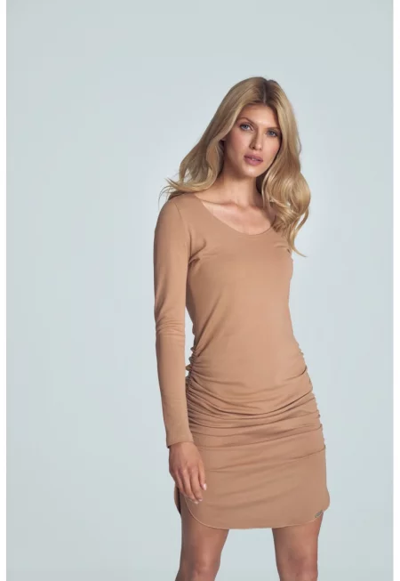 Къса рокля  бежово - дълъг ръкав - вискоза