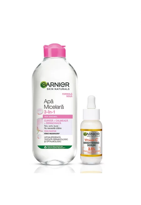 Комплект мицеларна вода  Skin Naturals за чувствителна кожа - 400 мл + Серум Garnier Skin Naturals с витамин С - с озаряващ ефект - 30 мл