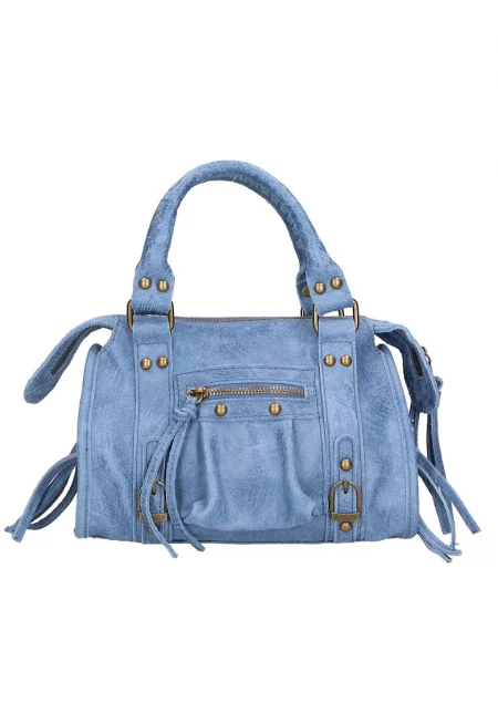 Кожена ръчна чанта с джобове с цип - Светлосин