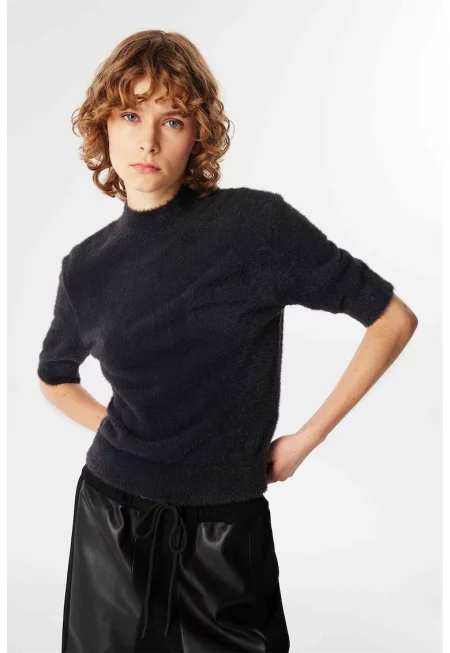 Мъхест пуловер с къси ръкави - Антрацитно сиво